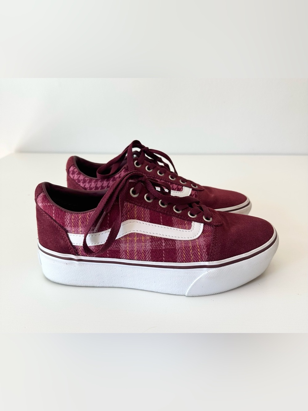Vans Ward Platform Sneakers Plaid Houndstooth Burgundy Women 8.5